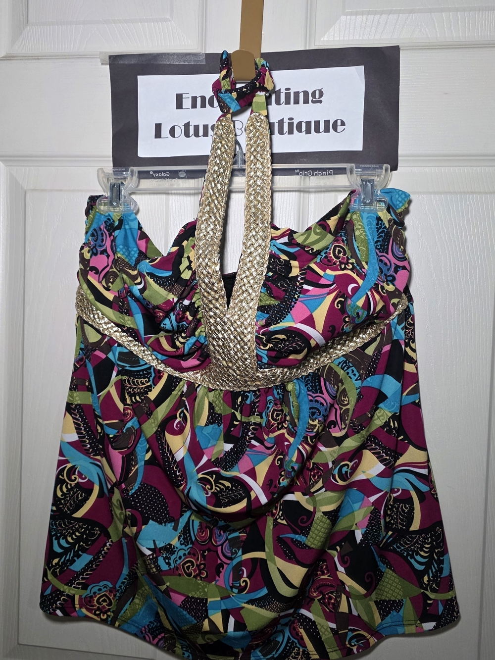 Bisou Bisou Black Halter Top with Multicolor Print